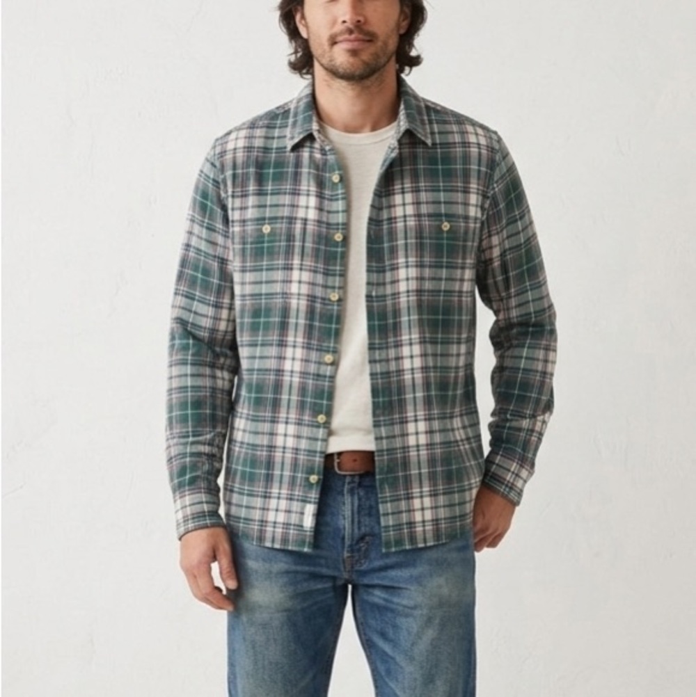 Lucky Brand Mens Green Plaid Flannel Classic Fit Long Sleeve Button Down Shirt